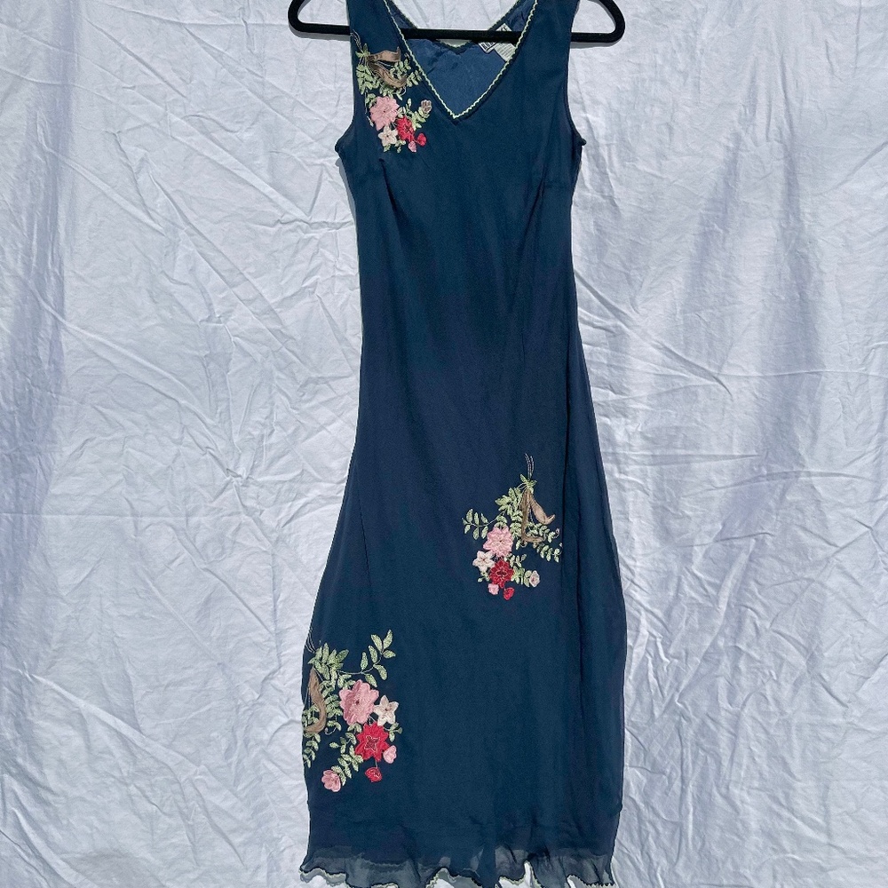 90s Inspired 100% Silk Navy Bias Cut Midi Dress with Embroidery Rose V Cut